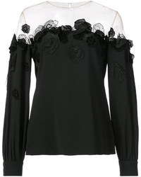 schwarze Bluse mit Blumenmuster von Oscar de la Renta