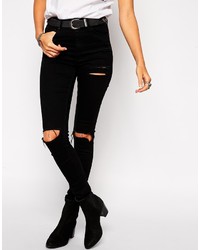 schwarze enge Jeans mit Destroyed-Effekten von Asos