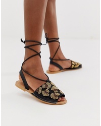 schwarze flache Sandalen aus Leder mit Leopardenmuster von ASOS DESIGN