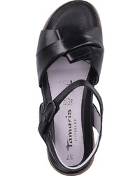 schwarze flache Sandalen aus Leder von Tamaris