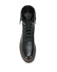 schwarze flache Stiefel mit einer Schnürung aus Leder von Brunello Cucinelli