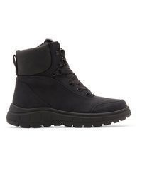 schwarze flache Stiefel mit einer Schnürung aus Leder von Roxy