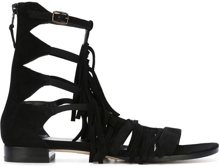 Schwarze Flache Sandalen Aus Wildleder Mit Fransen Von Stuart Weitzman 218 Farfetch Com Lookastic