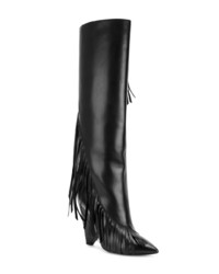 schwarze kniehohe Stiefel aus Leder mit Fransen von Saint Laurent