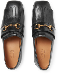 schwarze Leder Slipper mit Fransen von Gucci