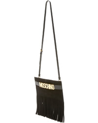 schwarze Leder Umhängetasche mit Fransen von Moschino