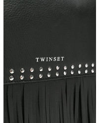 schwarze Leder Umhängetasche mit Fransen von Twin-Set
