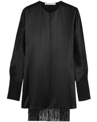 schwarze Satin Bluse mit Fransen