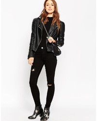 schwarze gesteppte Leder Bikerjacke von Asos