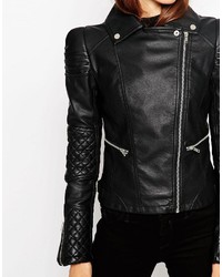 schwarze gesteppte Leder Bikerjacke von Asos