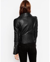 schwarze gesteppte Leder Bikerjacke von Asos