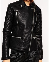 schwarze gesteppte Leder Bikerjacke von Asos