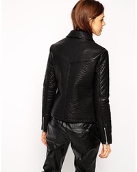 schwarze gesteppte Leder Bikerjacke von Asos