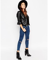 schwarze gesteppte Leder Bikerjacke von Asos