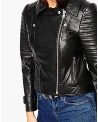 schwarze gesteppte Leder Bikerjacke von Asos