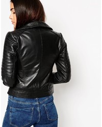 schwarze gesteppte Leder Bikerjacke von Asos