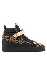 schwarze hohe Sneakers aus Leder mit Leopardenmuster