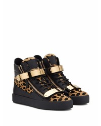 schwarze hohe Sneakers aus Leder mit Leopardenmuster von Giuseppe Zanotti