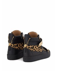 schwarze hohe Sneakers aus Leder mit Leopardenmuster von Giuseppe Zanotti