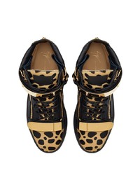 schwarze hohe Sneakers aus Leder mit Leopardenmuster von Giuseppe Zanotti