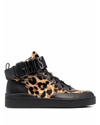 schwarze hohe Sneakers aus Leder mit Leopardenmuster von Moschino