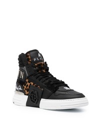 schwarze hohe Sneakers aus Leder mit Leopardenmuster von Philipp Plein