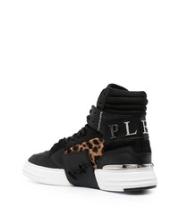 schwarze hohe Sneakers aus Leder mit Leopardenmuster von Philipp Plein