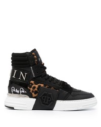 schwarze hohe Sneakers aus Leder mit Leopardenmuster von Philipp Plein