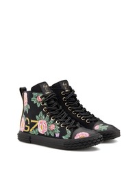 schwarze hohe Sneakers aus Segeltuch mit Blumenmuster von Giuseppe Zanotti