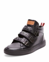 schwarze horizontal gestreifte hohe Sneakers aus Leder