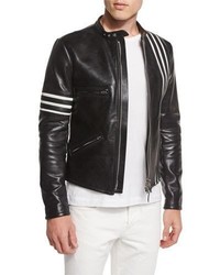 schwarze horizontal gestreifte Lederjacke