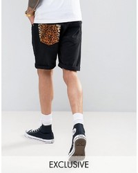 schwarze Jeansshorts mit Leopardenmuster von Reclaimed Vintage