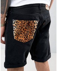 schwarze Jeansshorts mit Leopardenmuster von Reclaimed Vintage