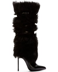 schwarze kniehohe Stiefel aus Pelz von Saint Laurent