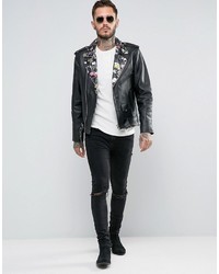 schwarze Leder Bikerjacke mit Blumenmuster von Reclaimed Vintage