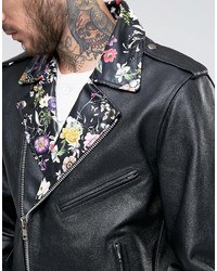 schwarze Leder Bikerjacke mit Blumenmuster von Reclaimed Vintage