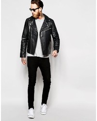 schwarze Leder Bikerjacke von Asos