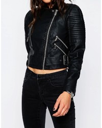 schwarze Leder Bikerjacke von Asos