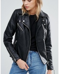 schwarze Leder Bikerjacke von Warehouse