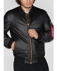 schwarze Leder Bomberjacke von Alpha Industries