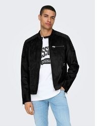 schwarze Leder Bomberjacke von ONLY & SONS