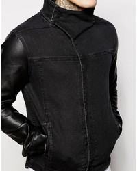 schwarze Leder Jeansjacke von Asos