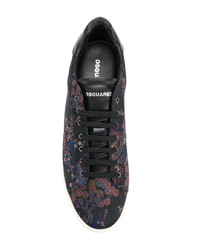schwarze Leder niedrige Sneakers mit Blumenmuster von DSQUARED2