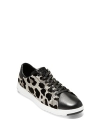 schwarze Leder niedrige Sneakers mit Leopardenmuster