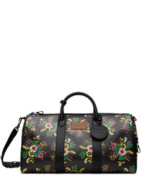 schwarze Leder Reisetasche mit Blumenmuster