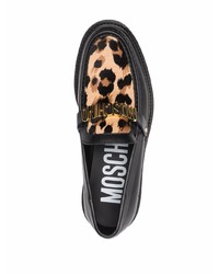 schwarze Leder Slipper mit Leopardenmuster von Moschino