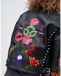 schwarze Lederjacke mit Blumenmuster von Asos