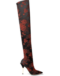 schwarze Overknee Stiefel aus Leder mit Blumenmuster