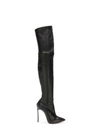 schwarze Overknee Stiefel aus Leder mit Schlangenmuster