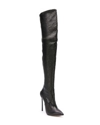 schwarze Overknee Stiefel aus Leder mit Schlangenmuster von Casadei